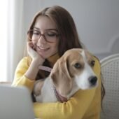 The dog with pet parent waiting for online vet consultation
