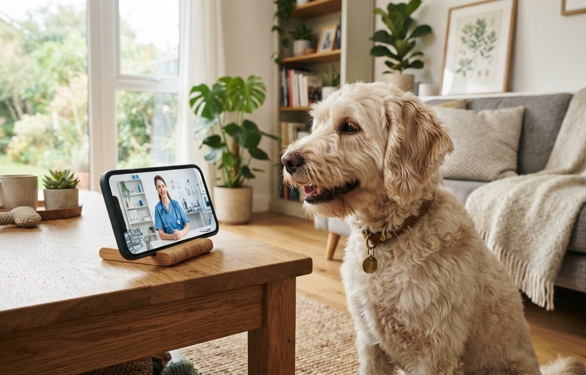 Labradoodle pet sitting attentively during an online vet video consultation on a smartphone at home