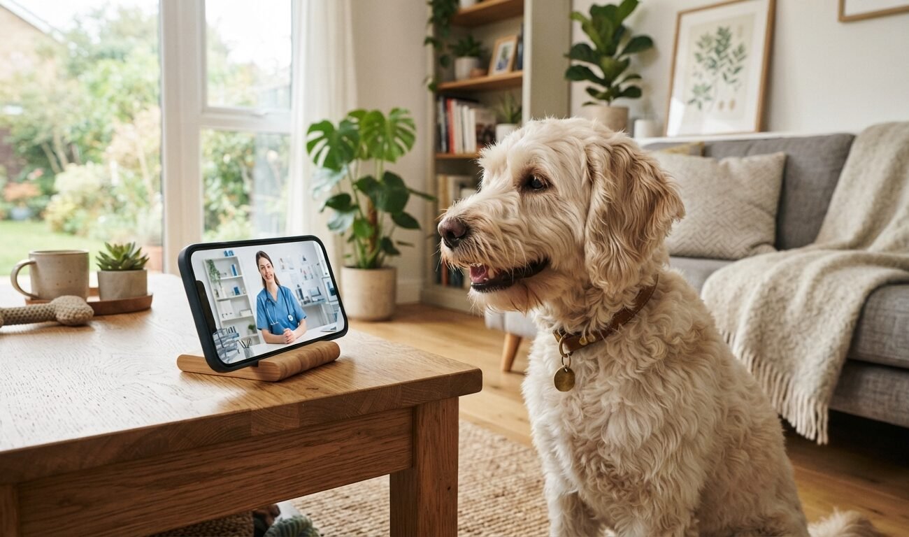 Labradoodle pet sitting attentively during an online vet video consultation on a smartphone at home