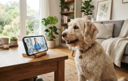 Labradoodle pet sitting attentively during an online vet video consultation on a smartphone at home